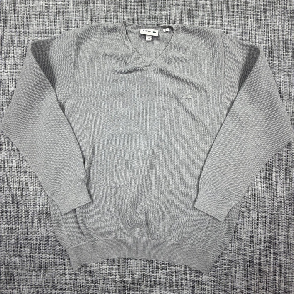 Lacoste Mens V-Neck Sweater XL FR6 Gray 100% Cotton Textured Knit Made in France
